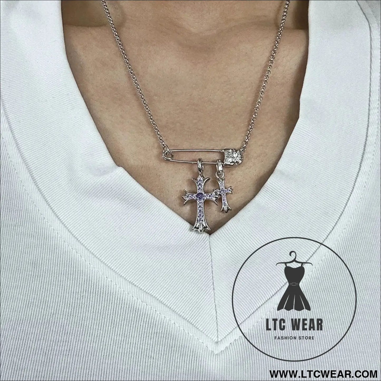 925 silver plated white gold rhinestone pin double cross pendant necklace for men and women european and american style