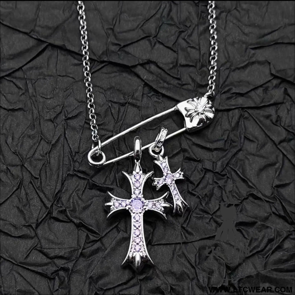 925 silver plated white gold rhinestone pin double cross pendant necklace for men and women european and american style