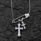 925 silver plated white gold rhinestone pin double cross pendant necklace for men and women european and american style