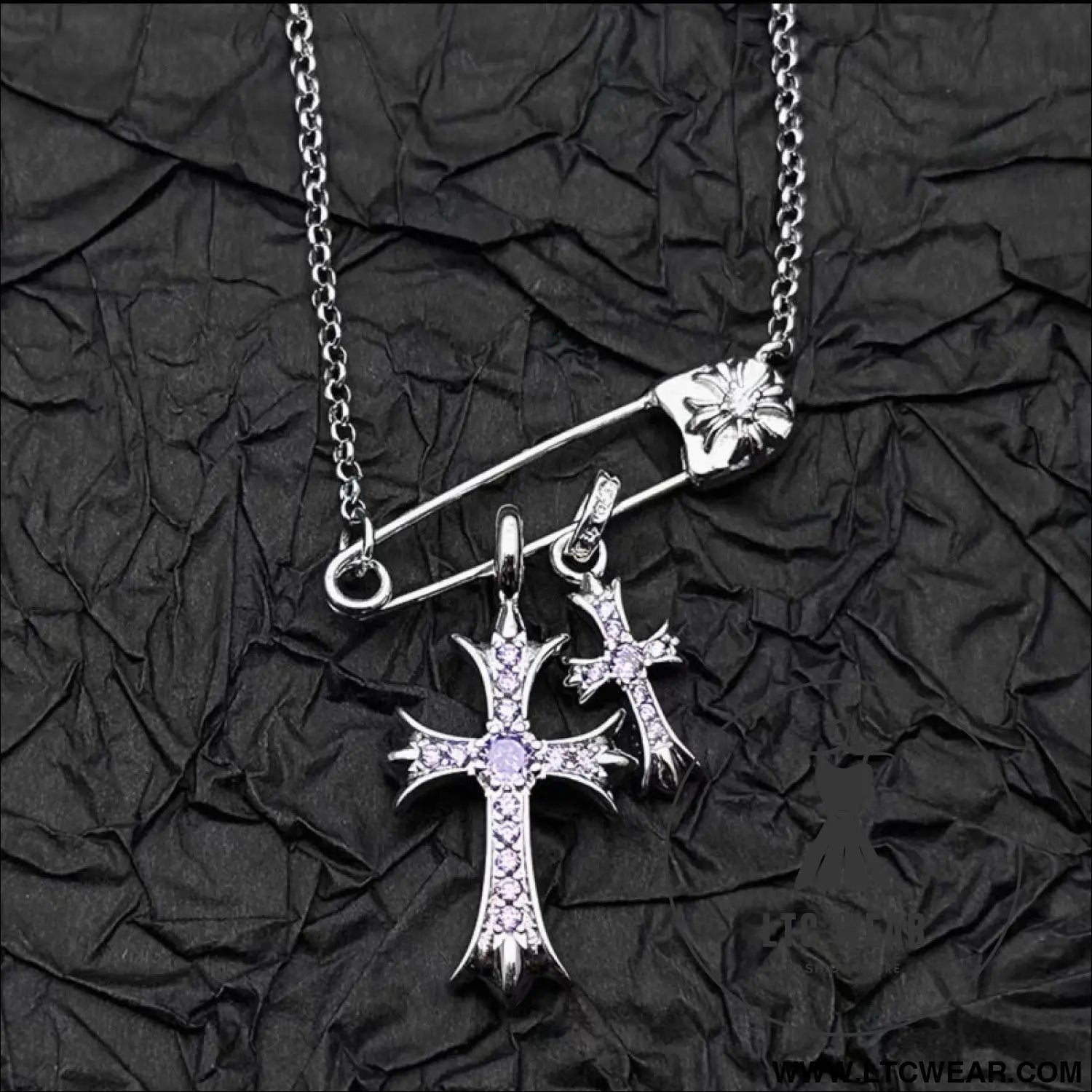 925 silver plated white gold rhinestone pin double cross pendant necklace for men and women european and american style
