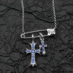 925 silver plated white gold rhinestone pin double cross pendant necklace for men and women european and american style