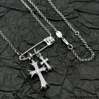 925 silver plated white gold rhinestone pin double cross pendant necklace for men and women european and american style