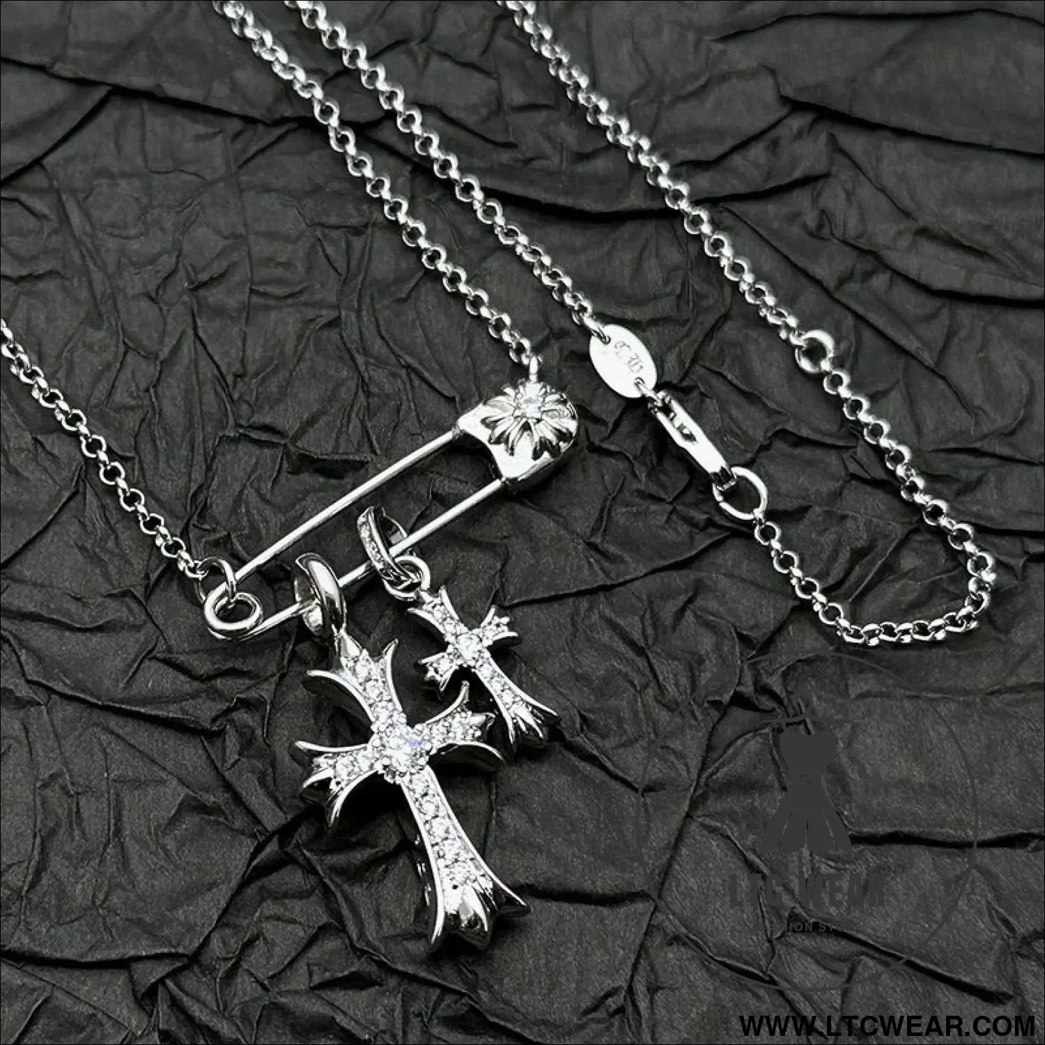 925 silver plated white gold rhinestone pin double cross pendant necklace for men and women european and american style