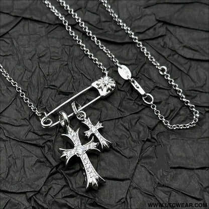 925 silver plated white gold rhinestone pin double cross pendant necklace for men and women european and american style