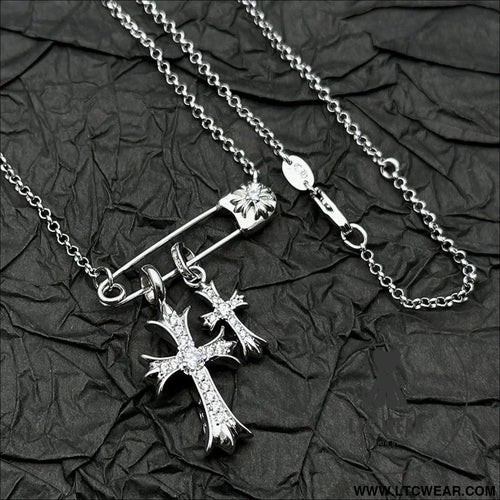 925 silver plated white gold rhinestone pin double cross pendant necklace for men and women european and american style