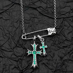 925 silver plated white gold rhinestone pin double cross pendant necklace for men and women european and american style