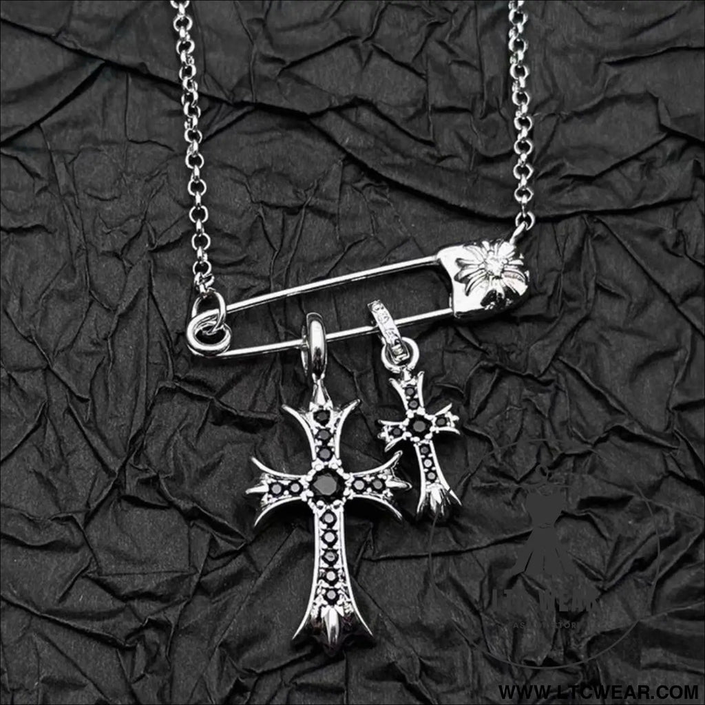 925 silver plated white gold rhinestone pin double cross pendant necklace for men and women european and american style