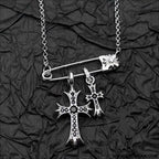 925 silver plated white gold rhinestone pin double cross pendant necklace for men and women european and american style
