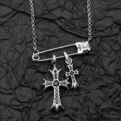 925 silver plated white gold rhinestone pin double cross pendant necklace for men and women european and american style