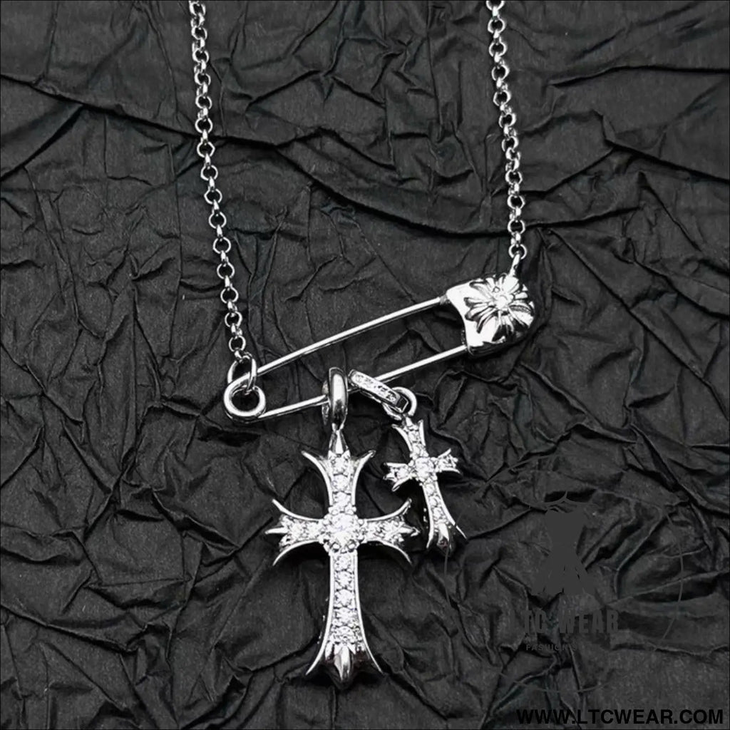 925 silver plated white gold rhinestone pin double cross pendant necklace for men and women european and american style