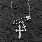925 silver plated white gold rhinestone pin double cross pendant necklace for men and women european and american style
