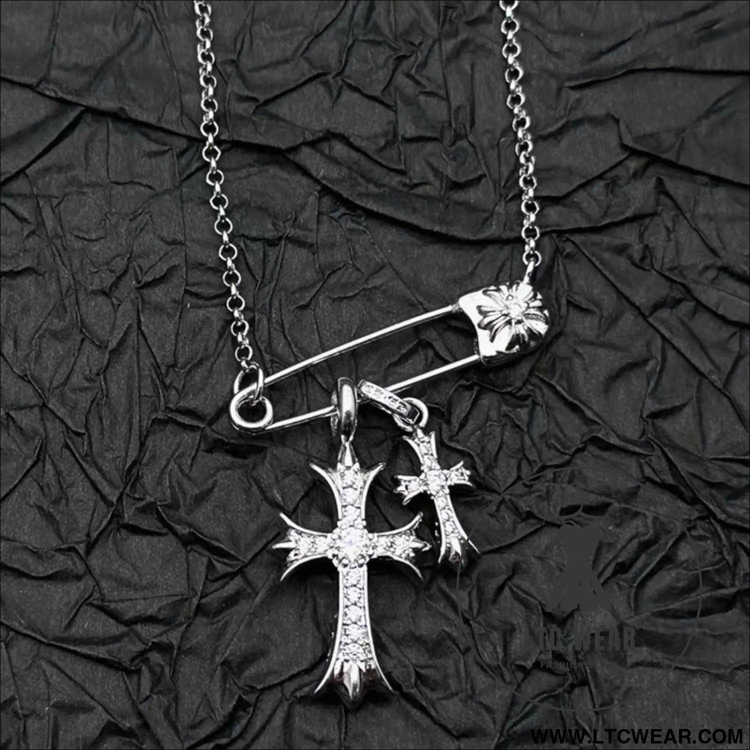 925 silver plated white gold rhinestone pin double cross pendant necklace for men and women european and american style