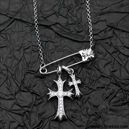 925 silver plated white gold rhinestone pin double cross pendant necklace for men and women european and american style