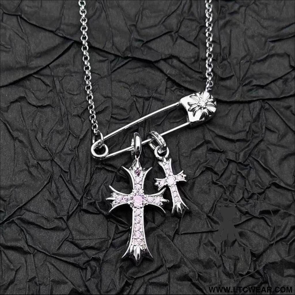 925 silver plated white gold rhinestone pin double cross pendant necklace for men and women european and american style