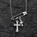 925 silver plated white gold rhinestone pin double cross pendant necklace for men and women european and american style