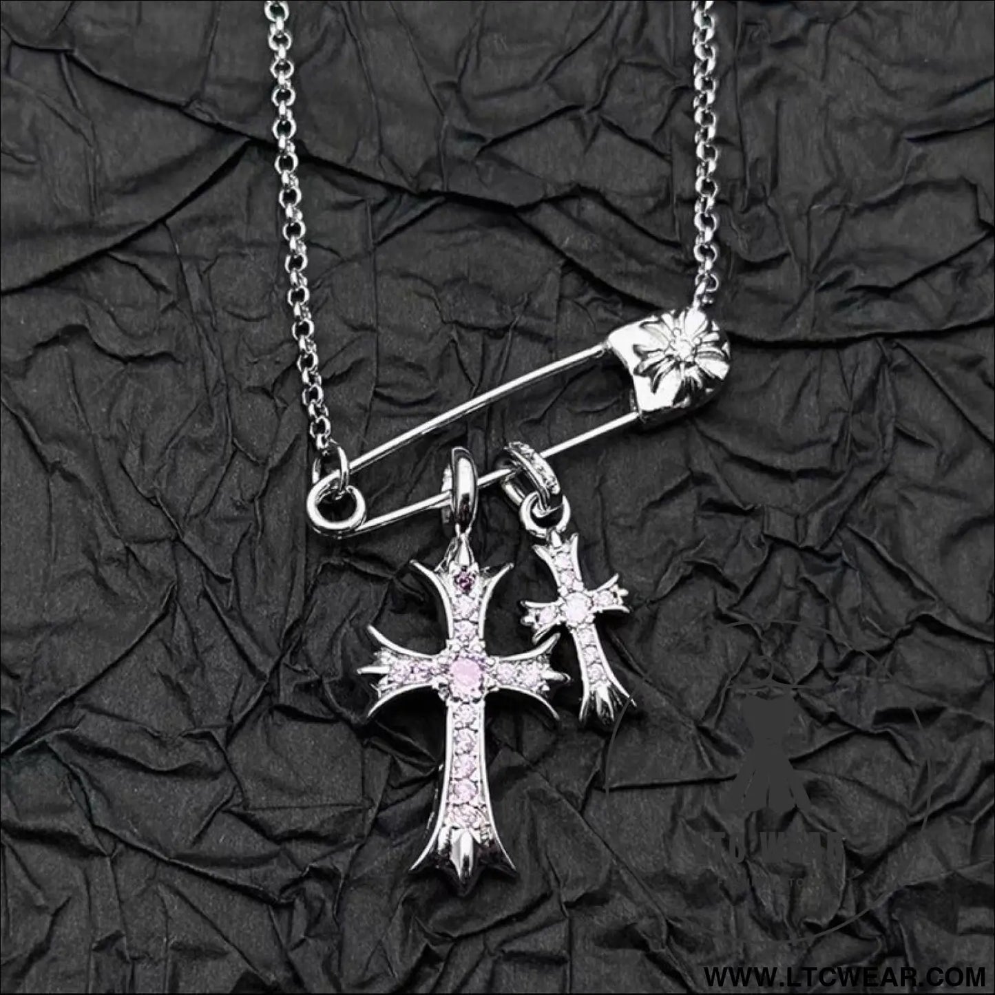 925 silver plated white gold rhinestone pin double cross pendant necklace for men and women european and american style
