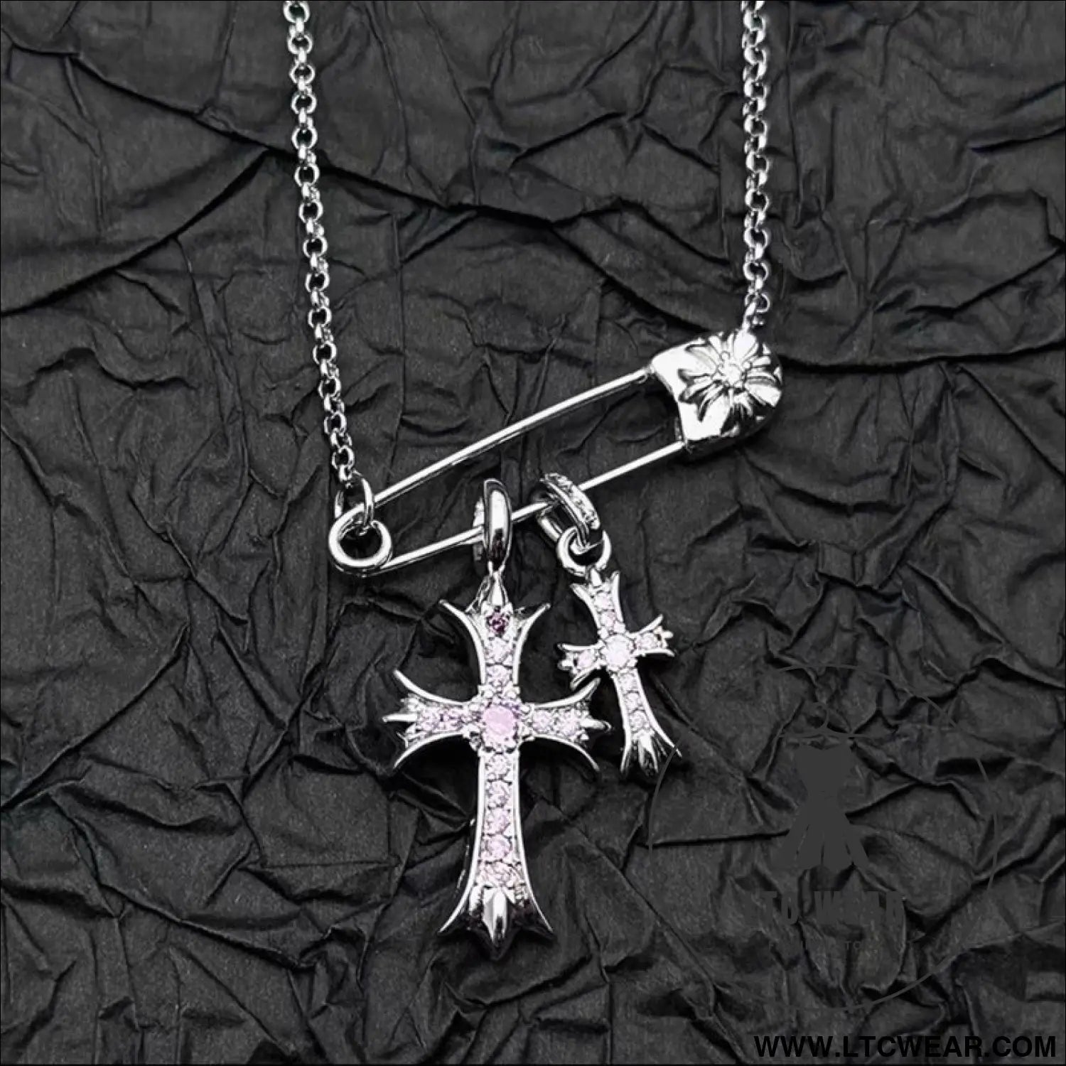 925 silver plated white gold rhinestone pin double cross pendant necklace for men and women european and american style