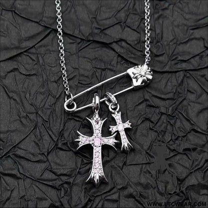925 silver plated white gold rhinestone pin double cross pendant necklace for men and women european and american style