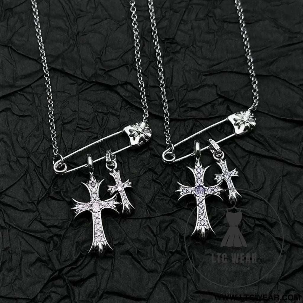 925 silver plated white gold rhinestone pin double cross pendant necklace for men and women european and american style