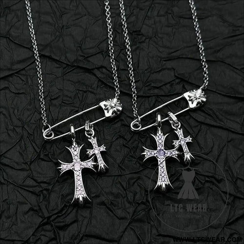 925 silver plated white gold rhinestone pin double cross pendant necklace for men and women european and american style