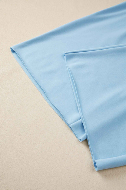Mist Blue Solid Color Loose Tee Drawstring Wide Leg Pants 2pcs Outfit