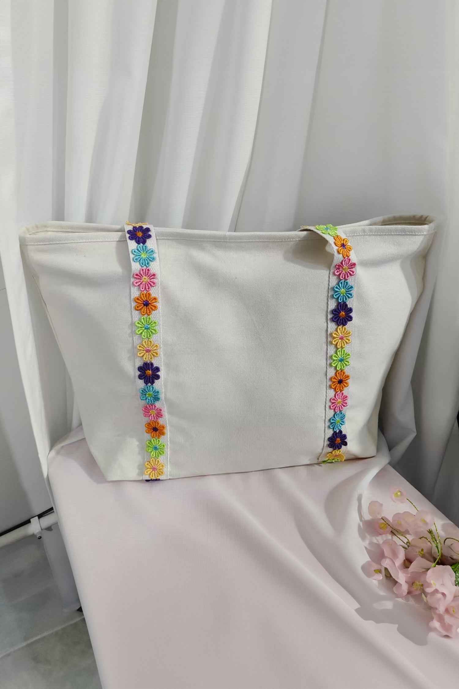 White Canvas Tote Bag with Embroidered Floral Strap Detail