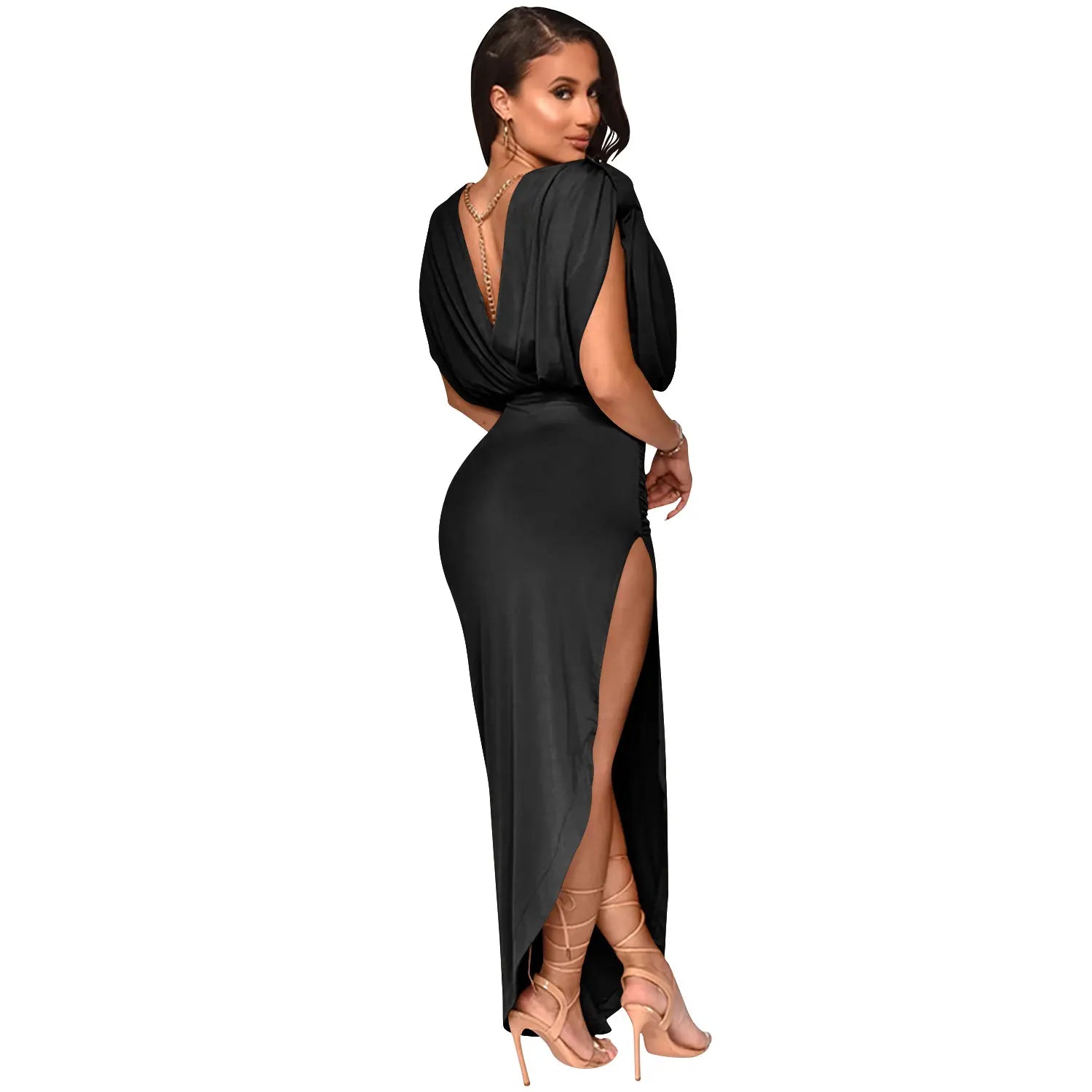 Fashion solid color women’s round neck sleeveless pleated asymmetrical slit long dress