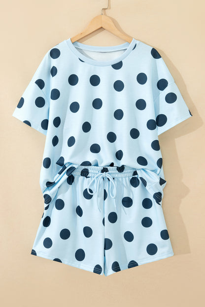 Pink Polka Dot Print Loose Tee Drawstring Elastic Waist Short Set