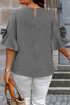 Black Plus Size Plaid Bow Decor Bell Sleeve Round Neck Jumper