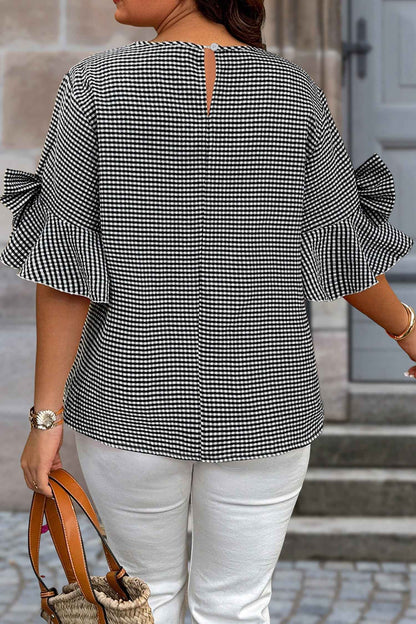Black Plus Size Plaid Bow Decor Bell Sleeve Round Neck Jumper
