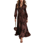 Style Vintage Print Long Sleeve V-Neck Fitted Bubble Sleeve Maxi Dress