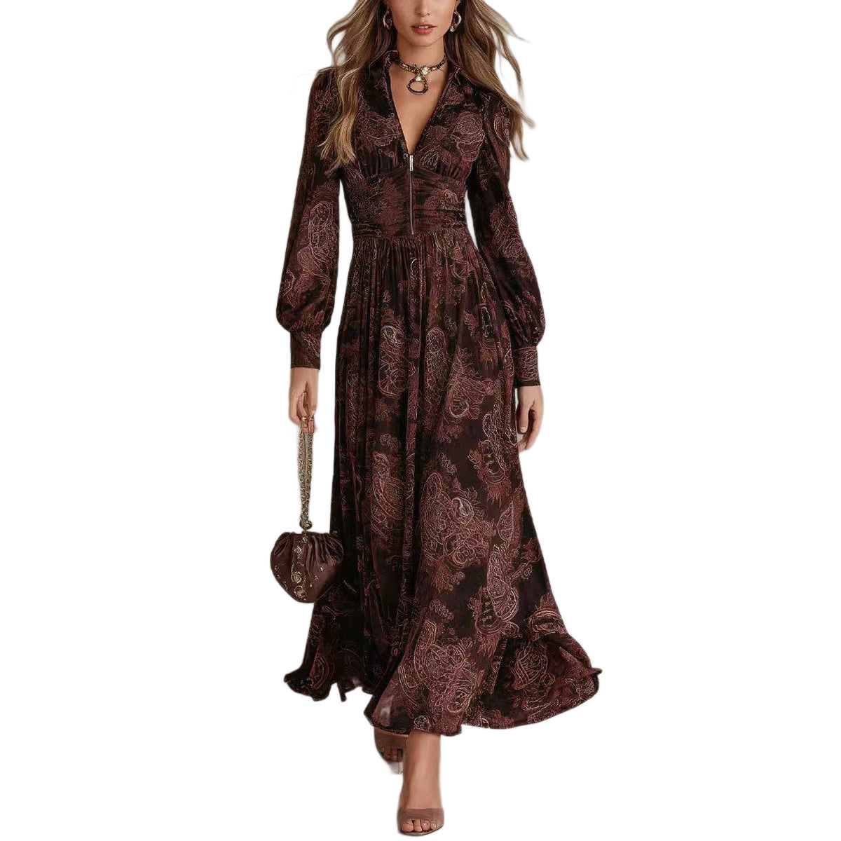 Style Vintage Print Long Sleeve V-Neck Fitted Bubble Sleeve Maxi Dress