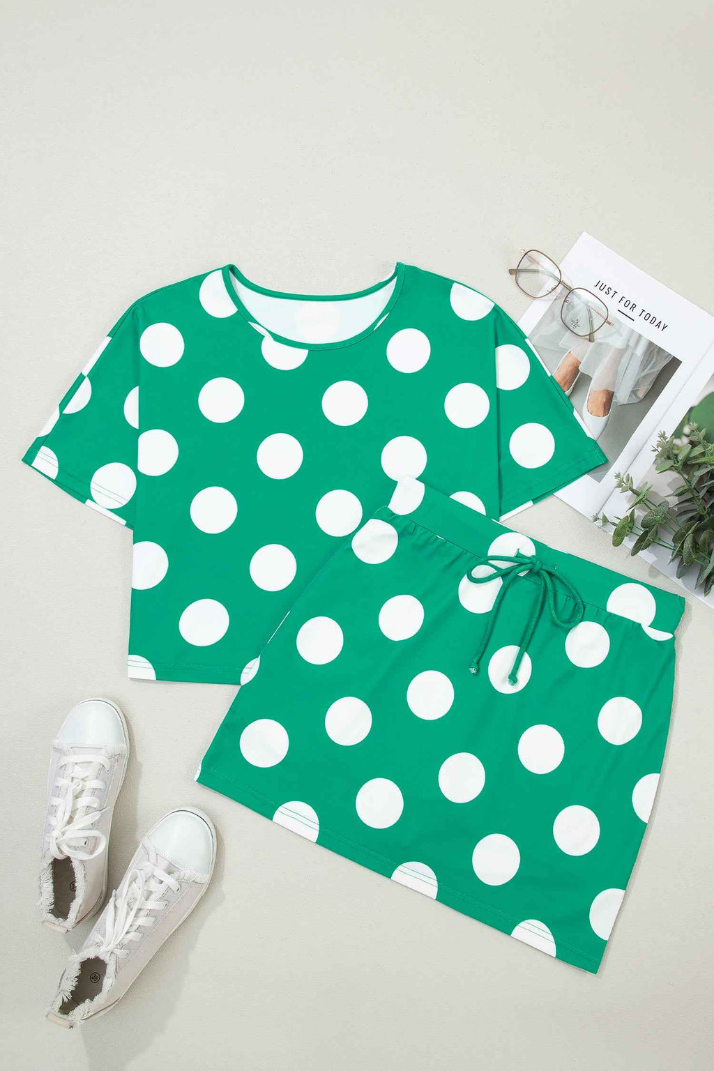 Green Polka Dot Print Cropped Tee Bodycon Skort 2pcs Set