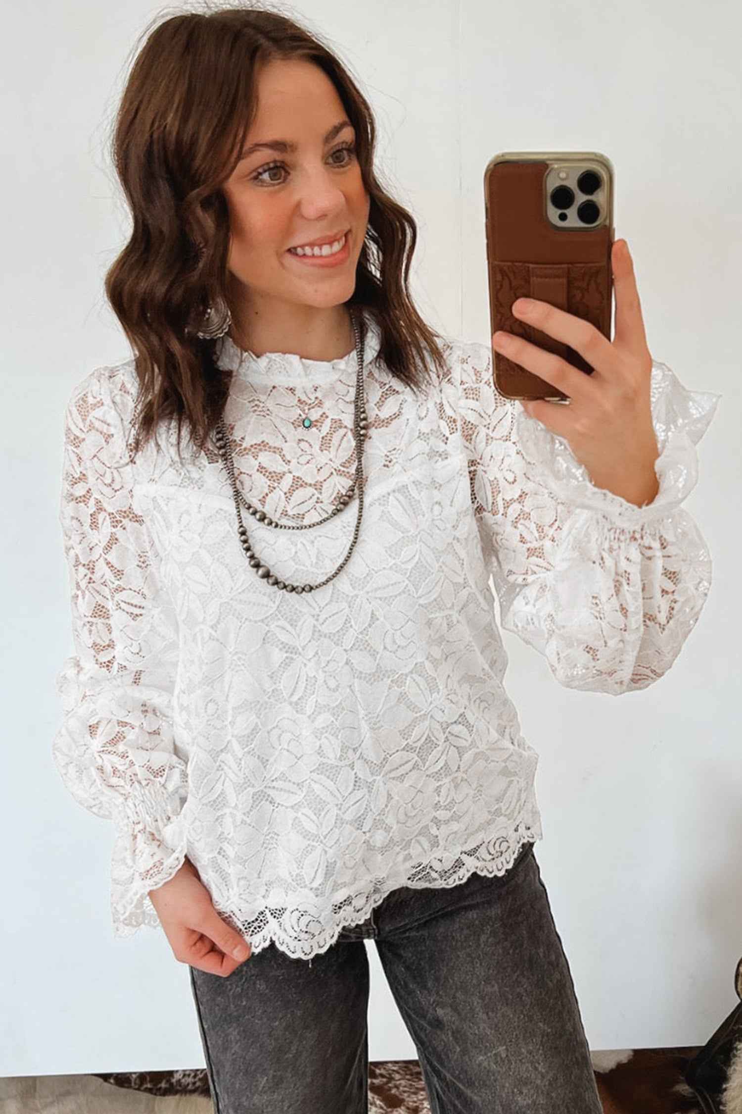 White Ruffled Round Neck Long Flounce Sleeve Sheer Lace Blouse
