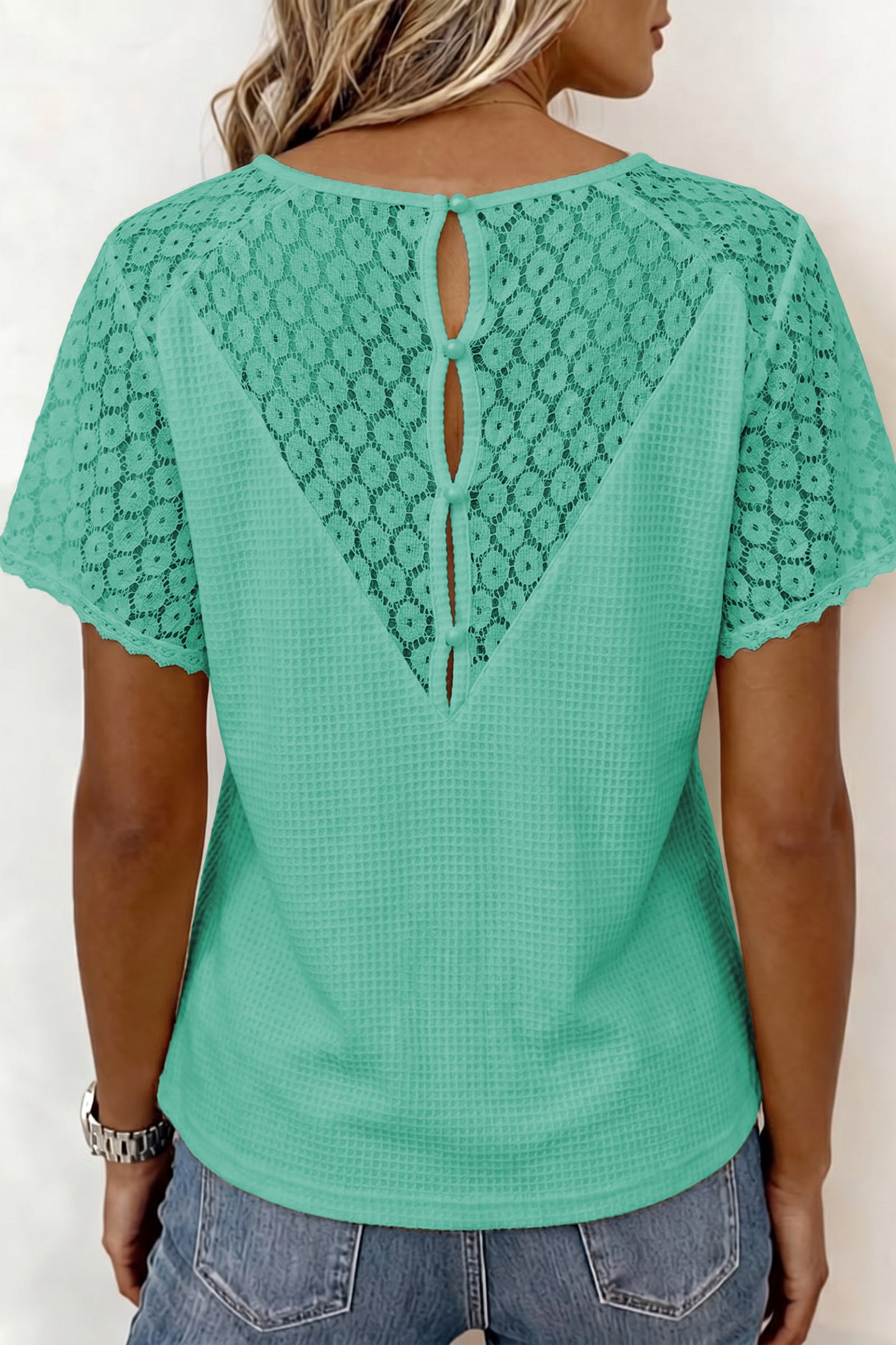 Pink Lace Splicing Button Cutout V Neck Waffle Knit Blouse
