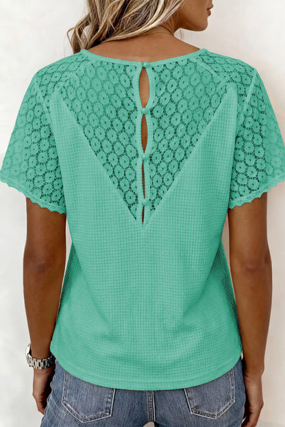 Pink Lace Splicing Button Cutout V Neck Waffle Knit Blouse