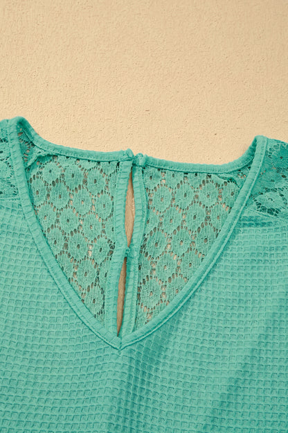 Pink Lace Splicing Button Cutout V Neck Waffle Knit Blouse