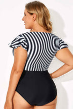 Black Stripe Plus Size Knot Cutout Ruffle Sleeve and High Waist Swimsuit Set