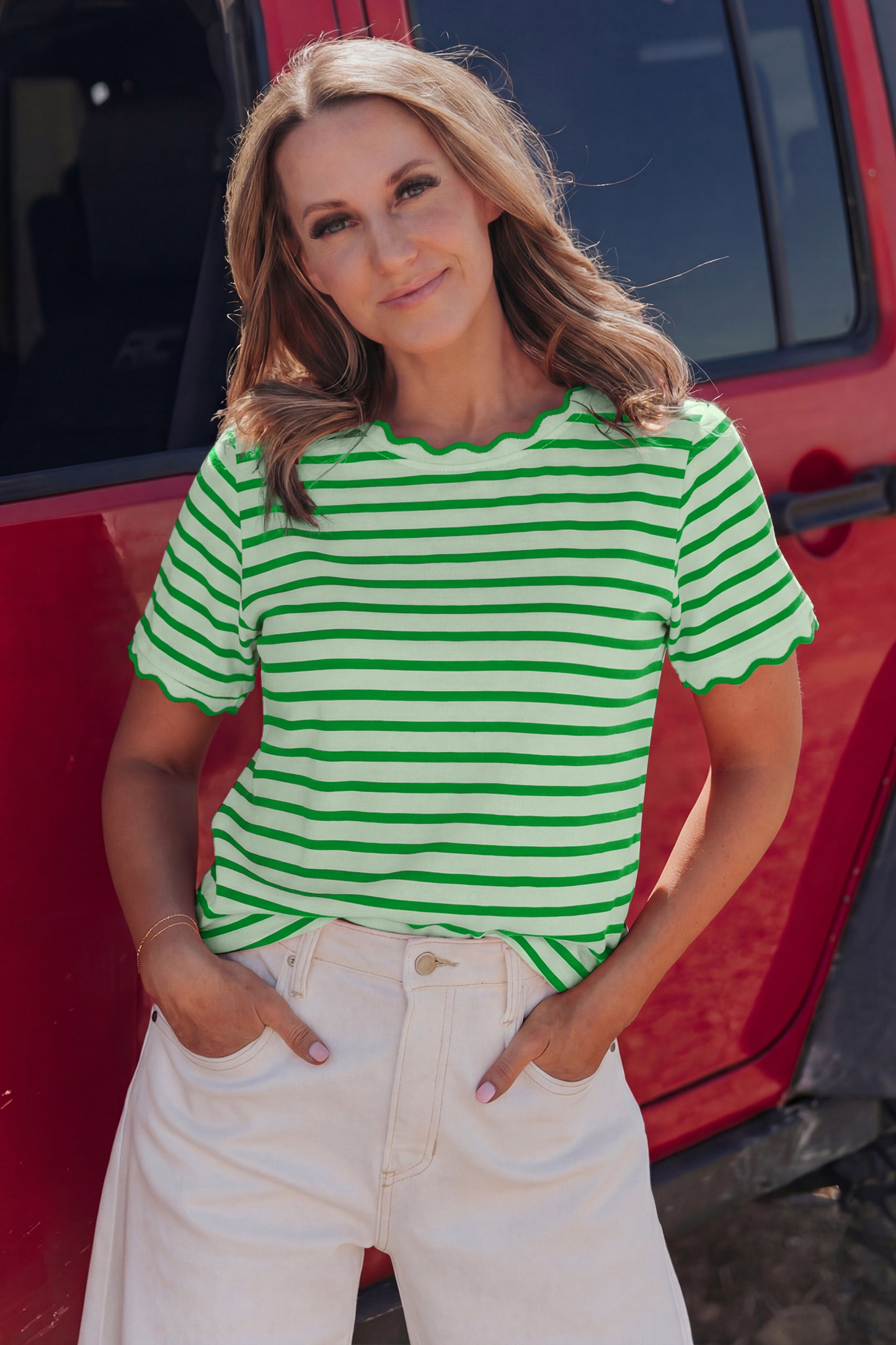 Red Stripe Scalloped Trim Round Neck T Shirt