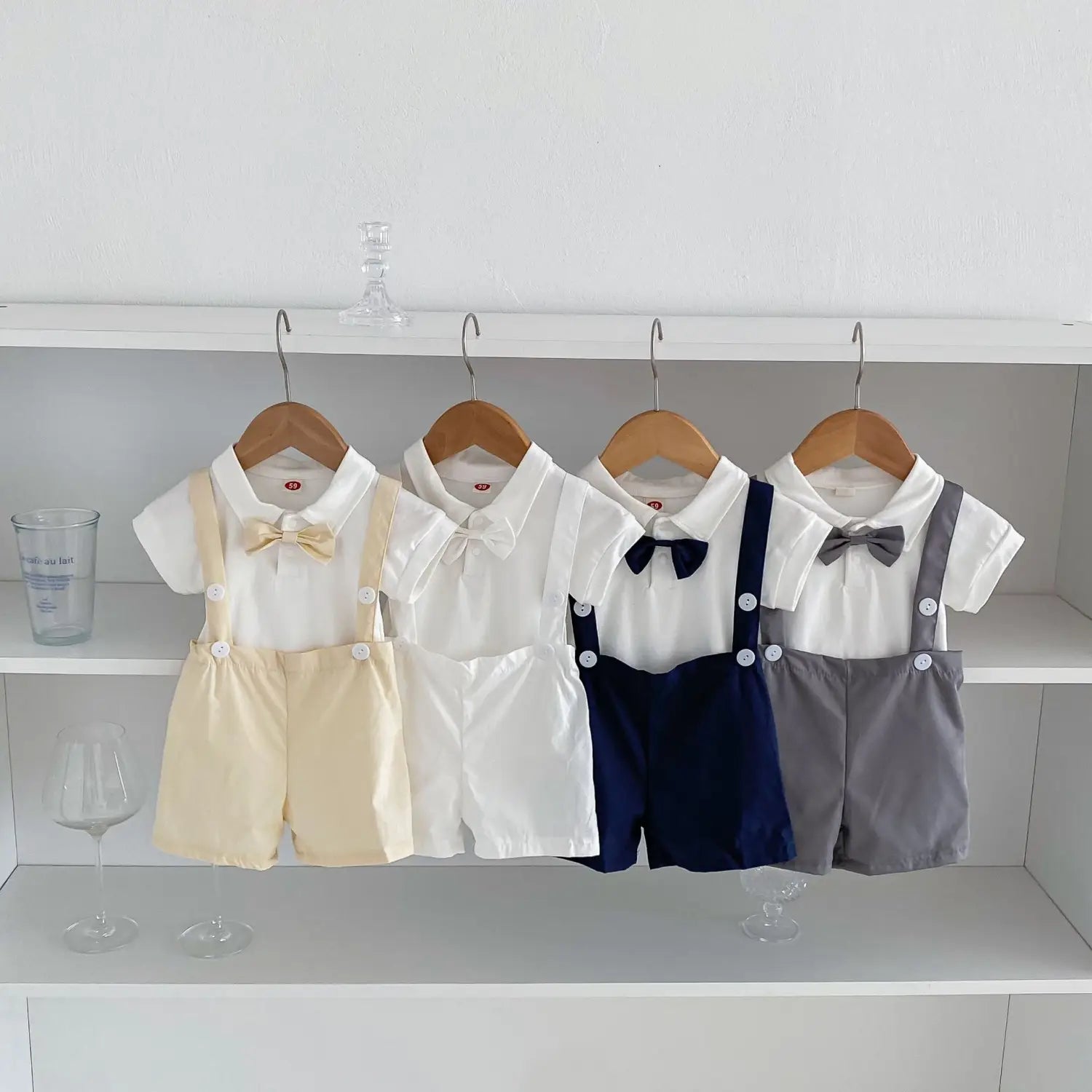 Summer baby hoodie tie suspender shorts two-piece set for gentlemen’s one month and one year old dress suspender pants