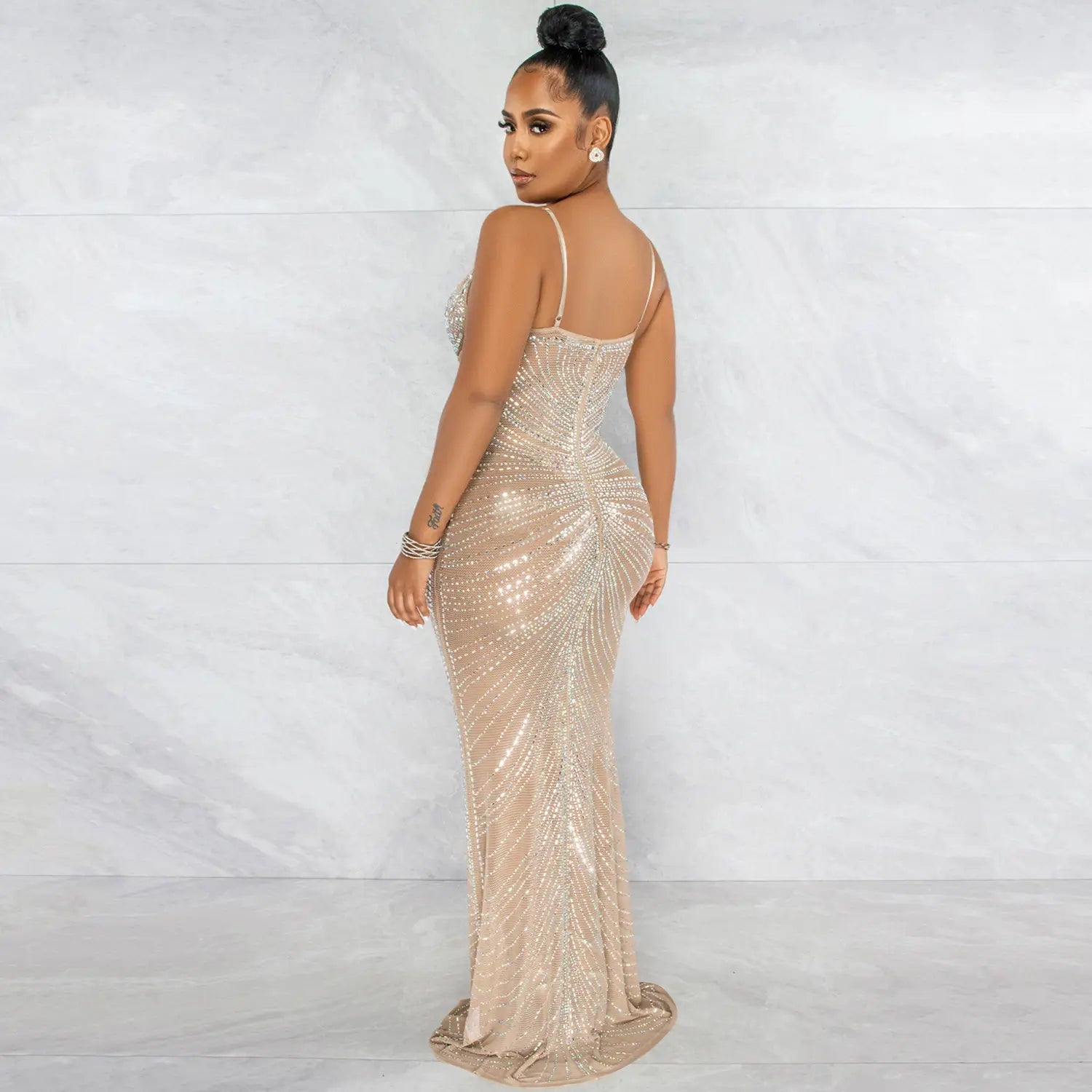 Fashion sexy beaded strapless sheer mesh long dress