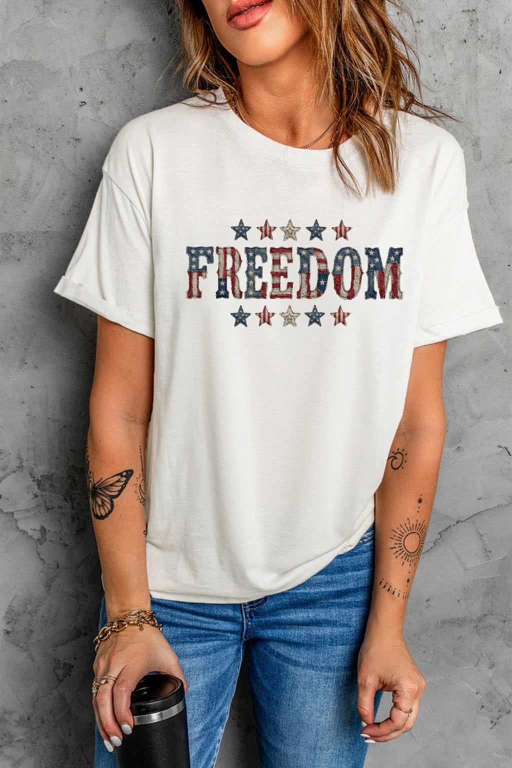 White FREEDOM Patriotic Letter Print Crew Neck T Shirt