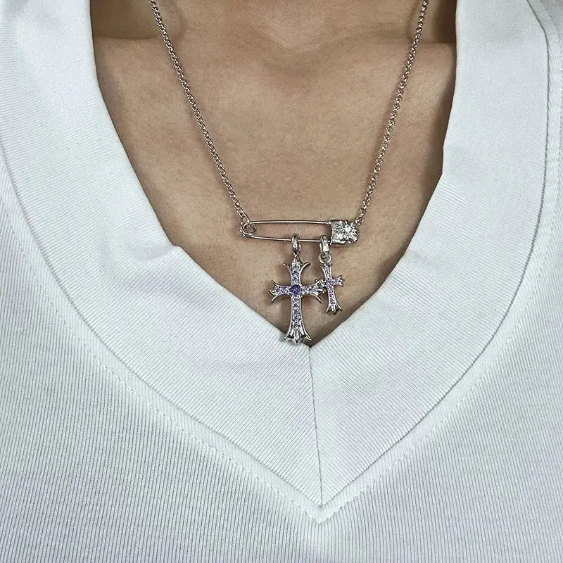 925 silver plated white gold rhinestone pin double cross pendant necklace for men and women european and american style