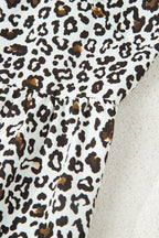 Khaki Plus Size Button V Neck Leopard Print Puff Sleeve Loose Mini Dress