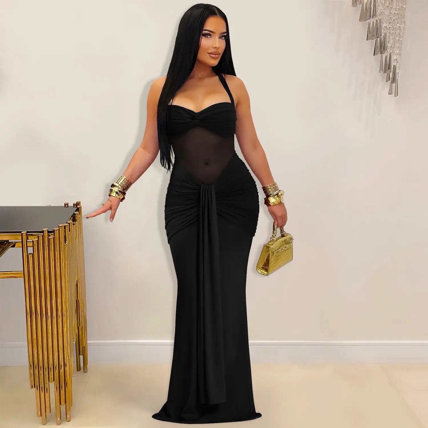 Fashion women’s sexy sheer mesh halter tie-back dress