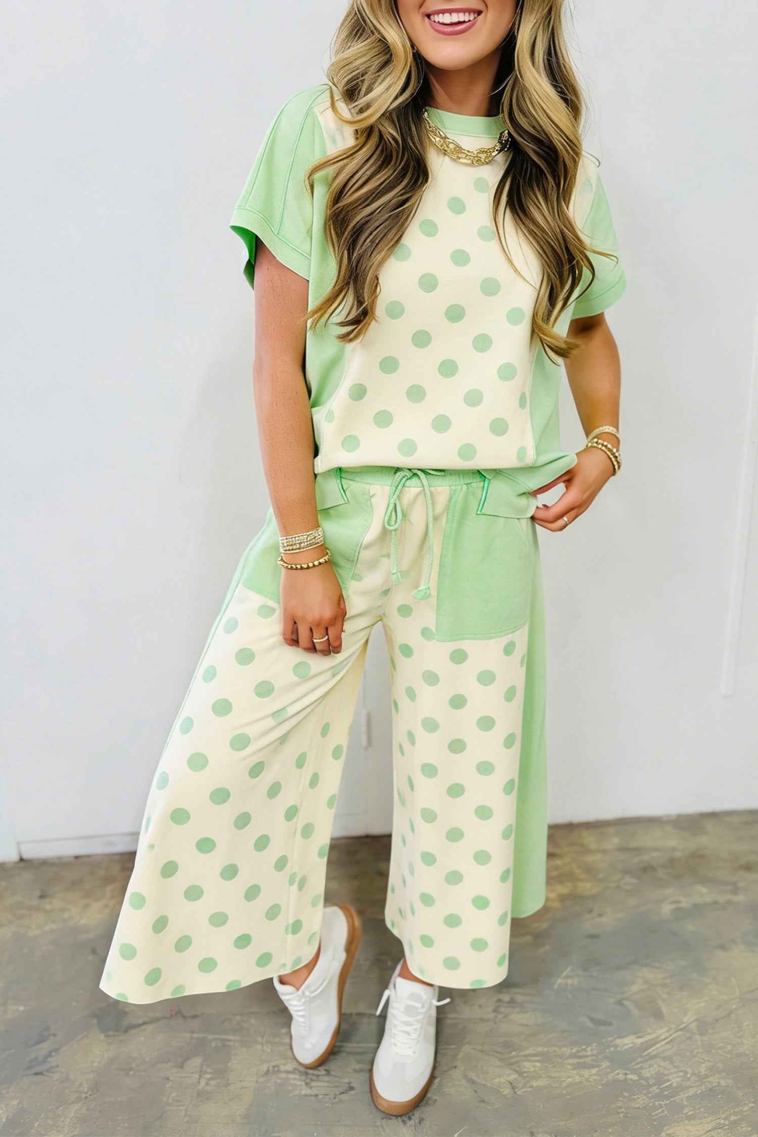 Pink Color Block Patchwork Polka Dot Wide Leg Pant Set