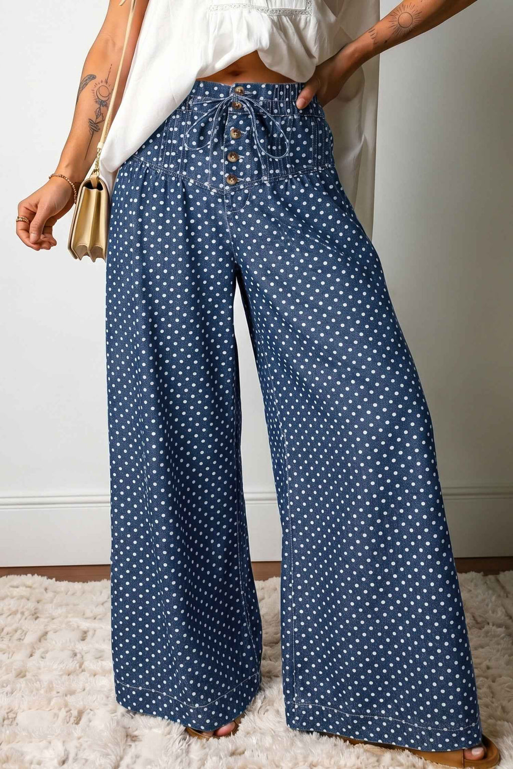 Sky Blue Polka Dot Print Button Pleated Detail Wide Leg Jeans