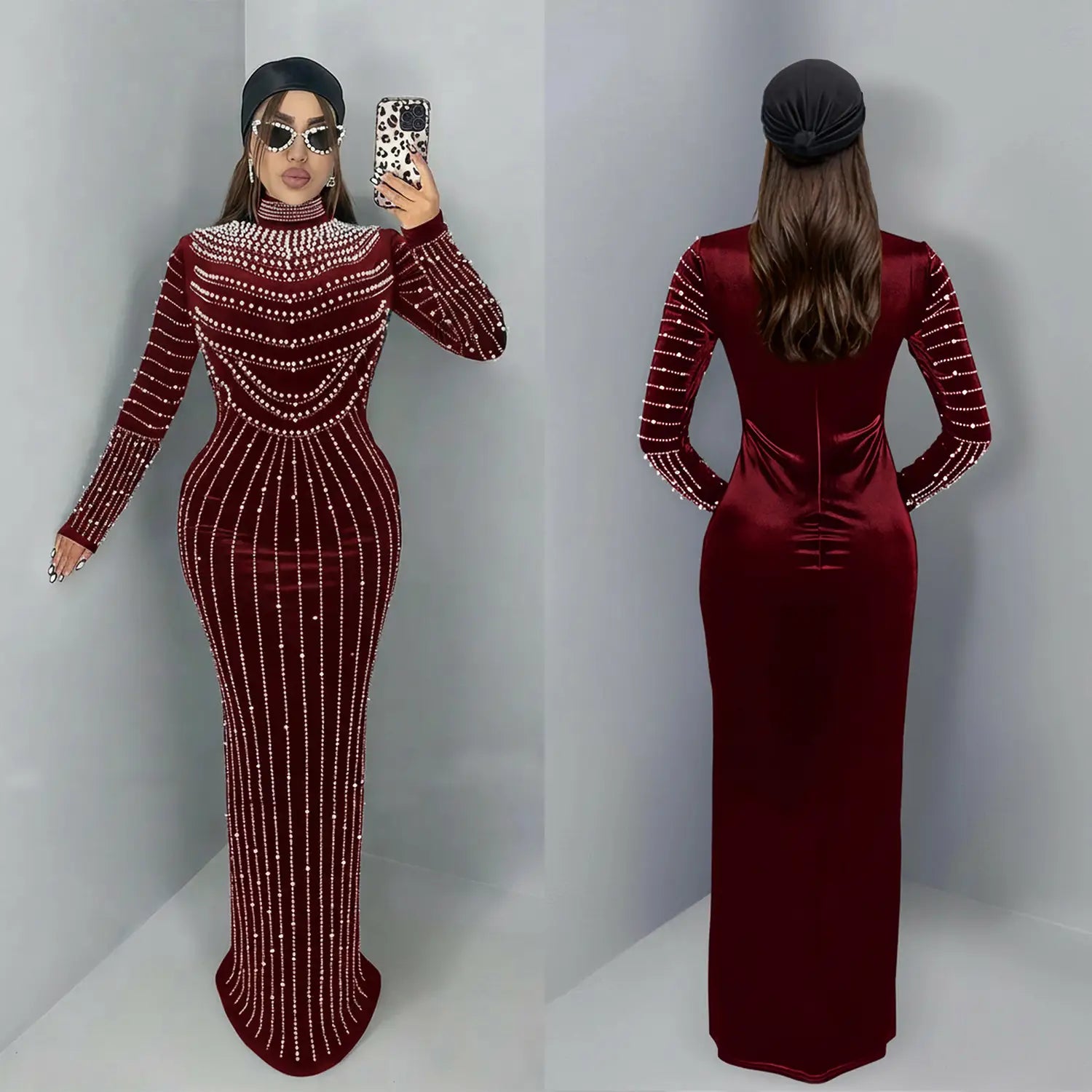 Elegant Velvet Embellished Long Sleeve Dress for Women Fashion Style Casual Occasion