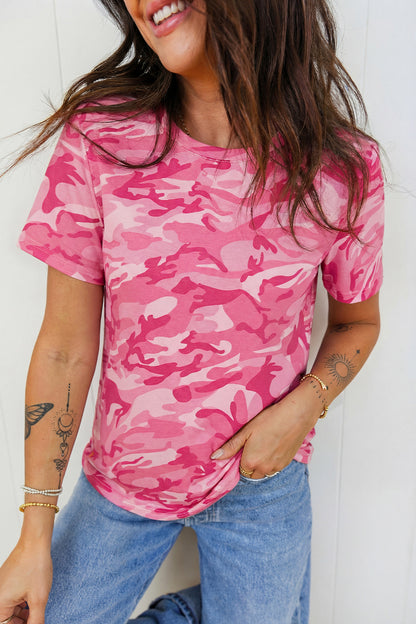 Green Camo Print Crew Neck Short Sleeve Tee