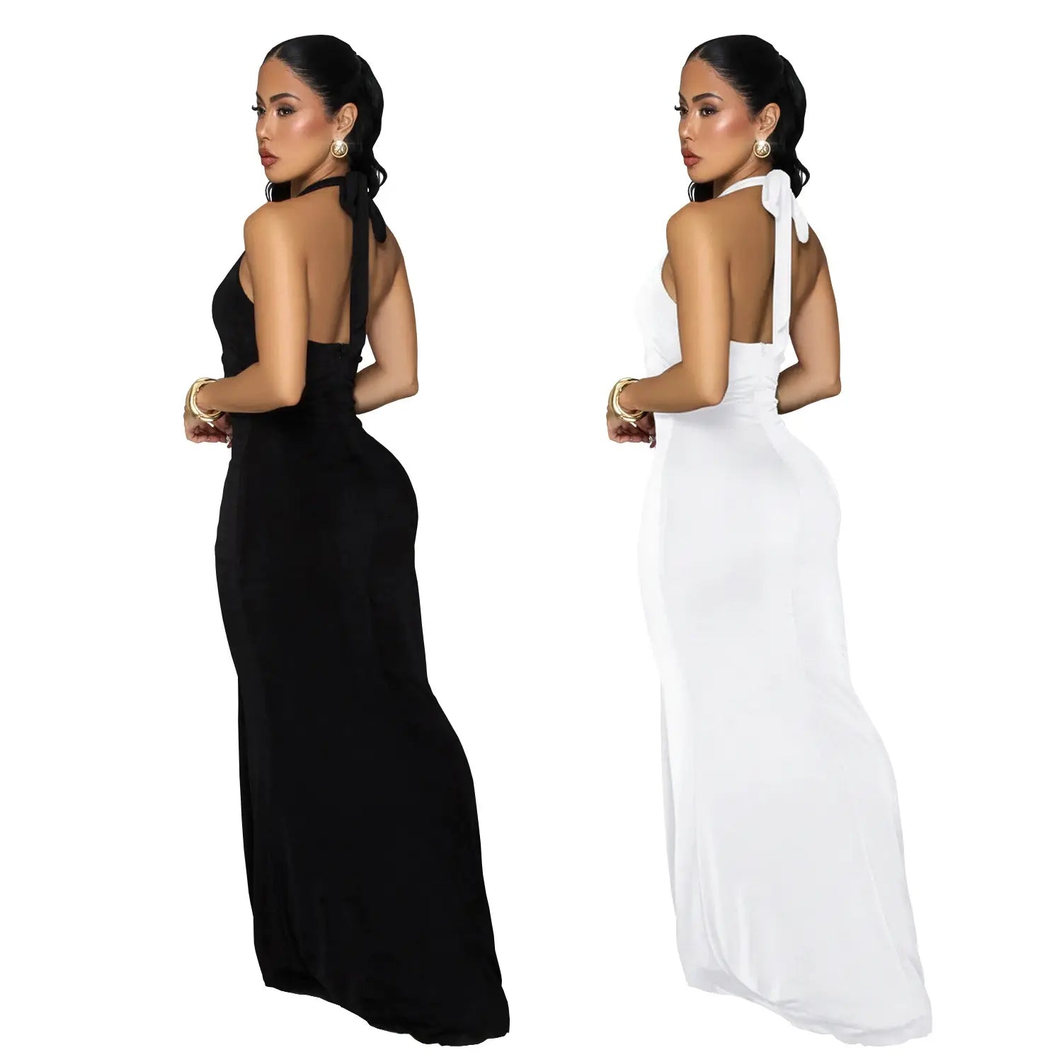 Fashion women’s sexy backless halter deep v neck solid color dress